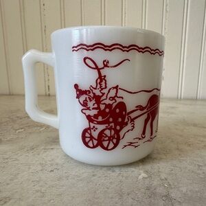 Vintage Hazel Atlas Child’s Milk Glass Mug Cup EUC Red Circus Clowns Animals 50s